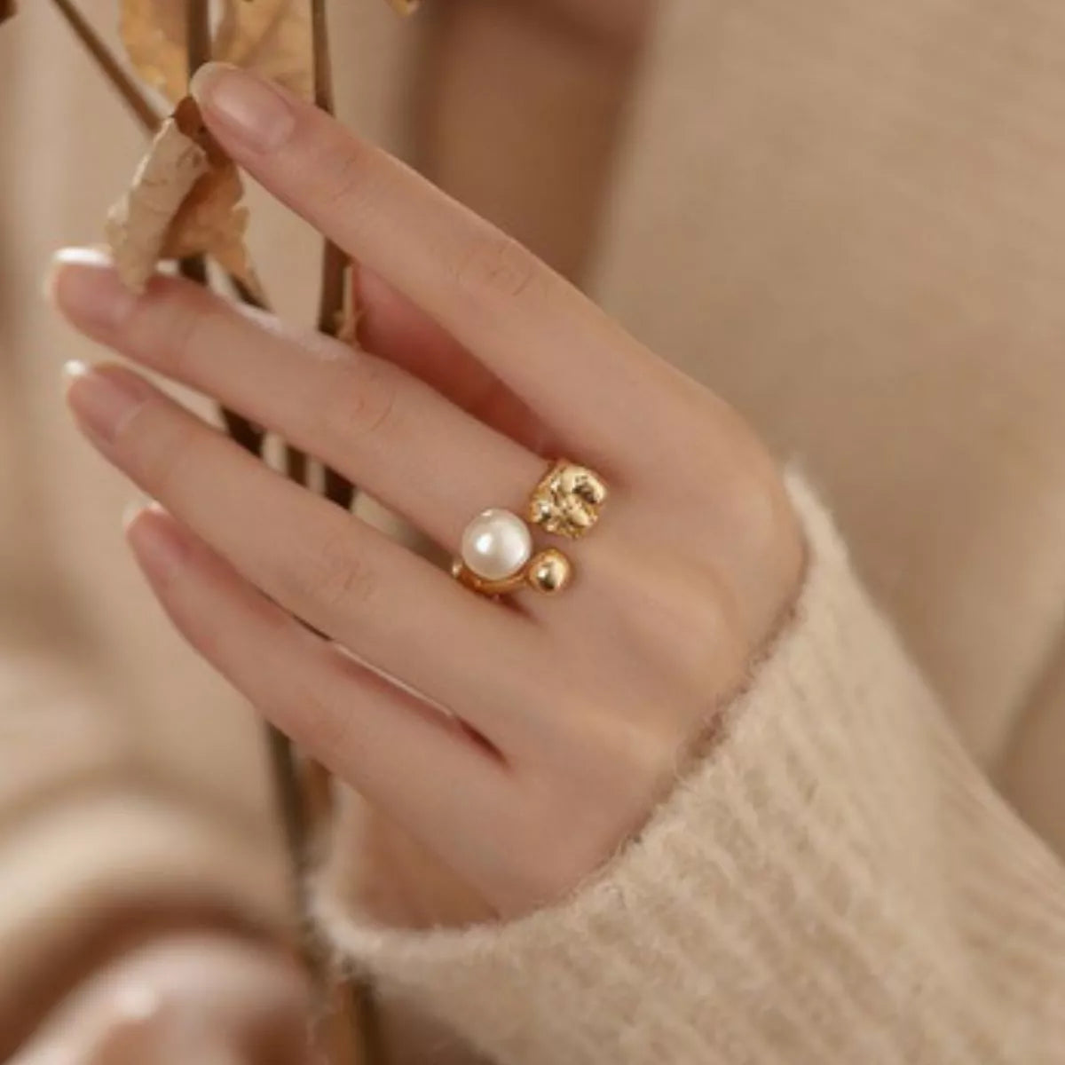 18K Gold-Plated Pearl Open Ring in Gold - women's open ring