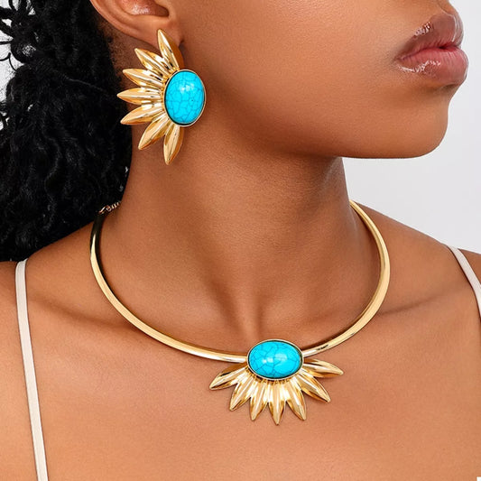 Turquoise Sunflower Necklace and Earrings Set in Gold - women's necklace