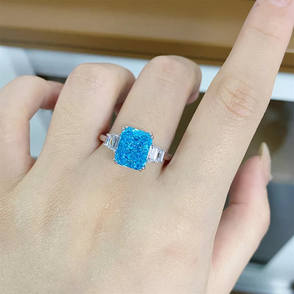 Sterling Silver Zircon Geometric Ring in Pastel Blue - women's ring