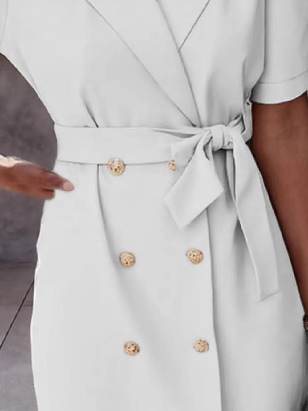 Lapel Collar Short Sleeve Tie Waist Mini Dress in Dust Storm - Blossom's