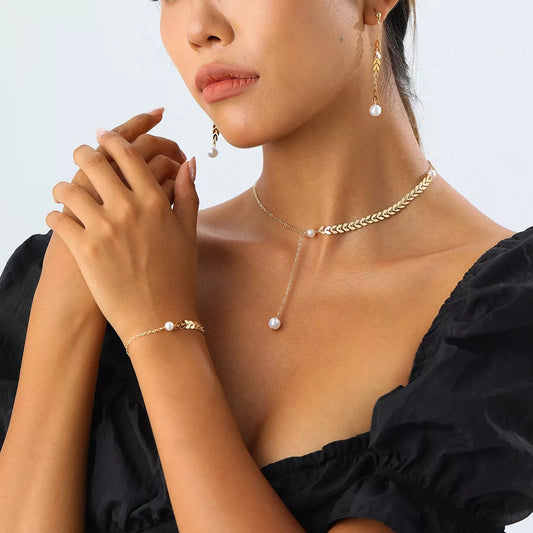 Wheat‑Spike Faux Pearl Necklace Bracelet Earrings 3‑Pcs Set in Gold - women's necklace