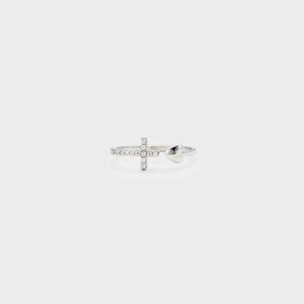 Heart Shape Cross Inlaid Zircon Open Ring in Silver - women's open ring