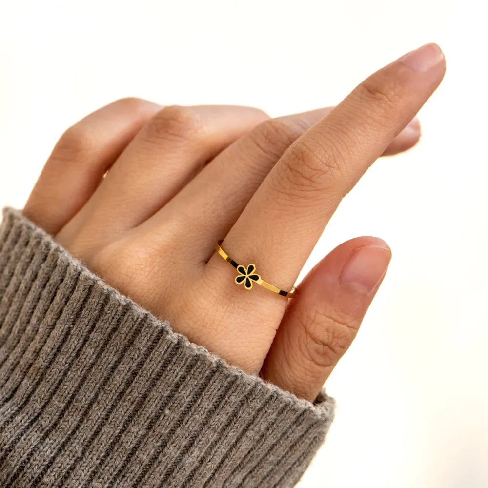 Sterling Silver Enamel Flower Ring in Black - women's ring