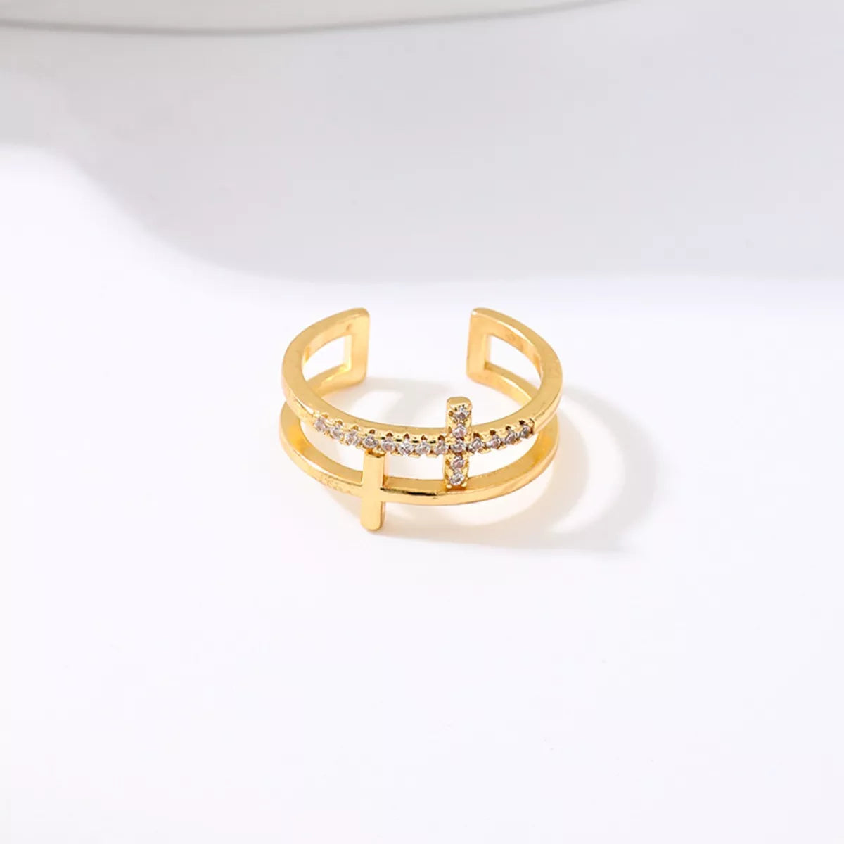 18K Gold-Plated Rhinestone Cross Open Ring - alternate ring view