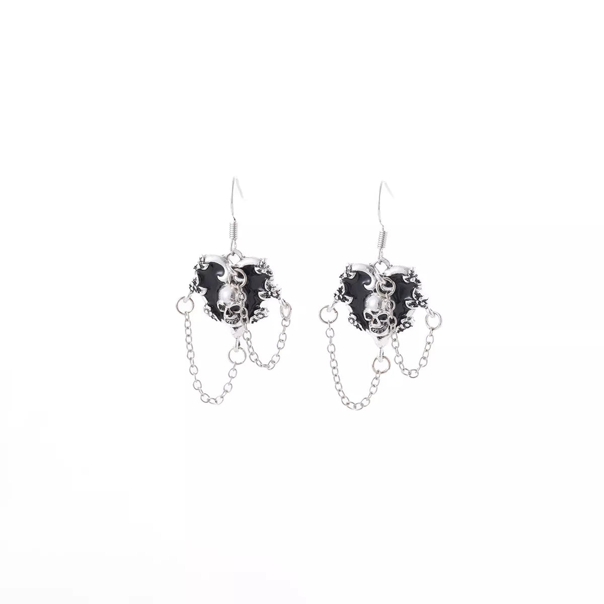 Halloween Alloy Heart Skull Earrings with Chain Detail - alternate earring view