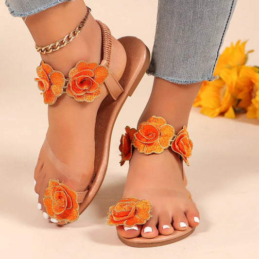Flower Toe Loop Flats Sandals in Red - women's flat sandals