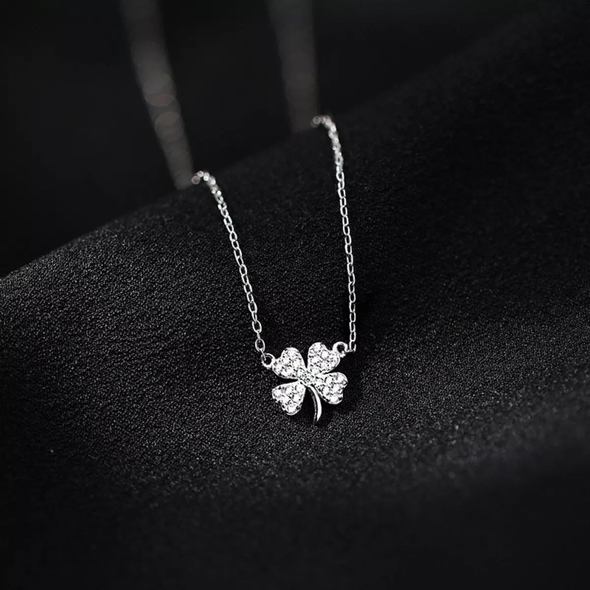 Sterling Silver Zircon Four Leaf Clover Necklace - alternate necklace view
