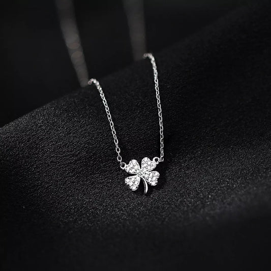 Sterling Silver Zircon Four Leaf Clover Necklace - alternate necklace view