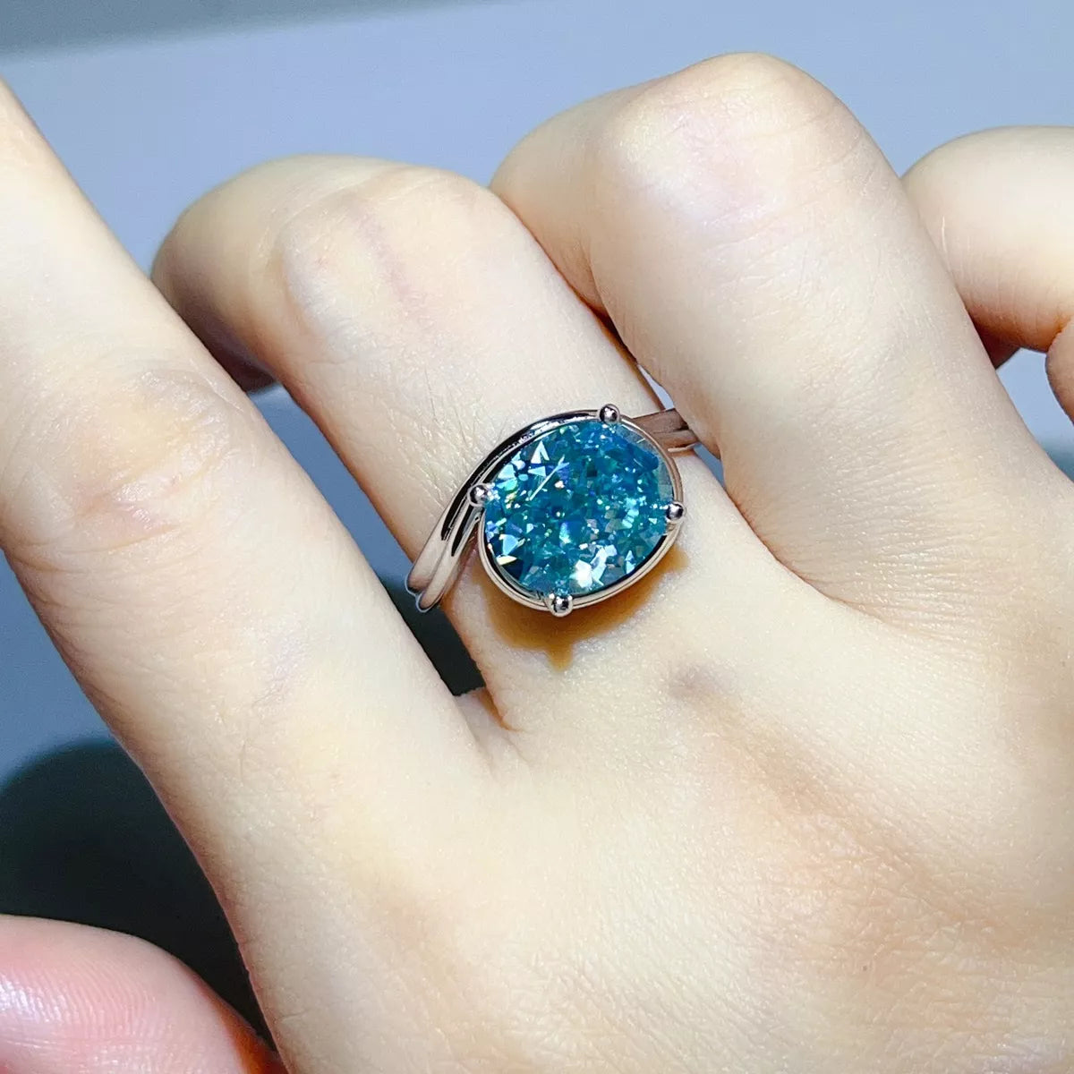 5 Carat Sterling Silver Moissanite Ring in Pastel Blue - women's ring