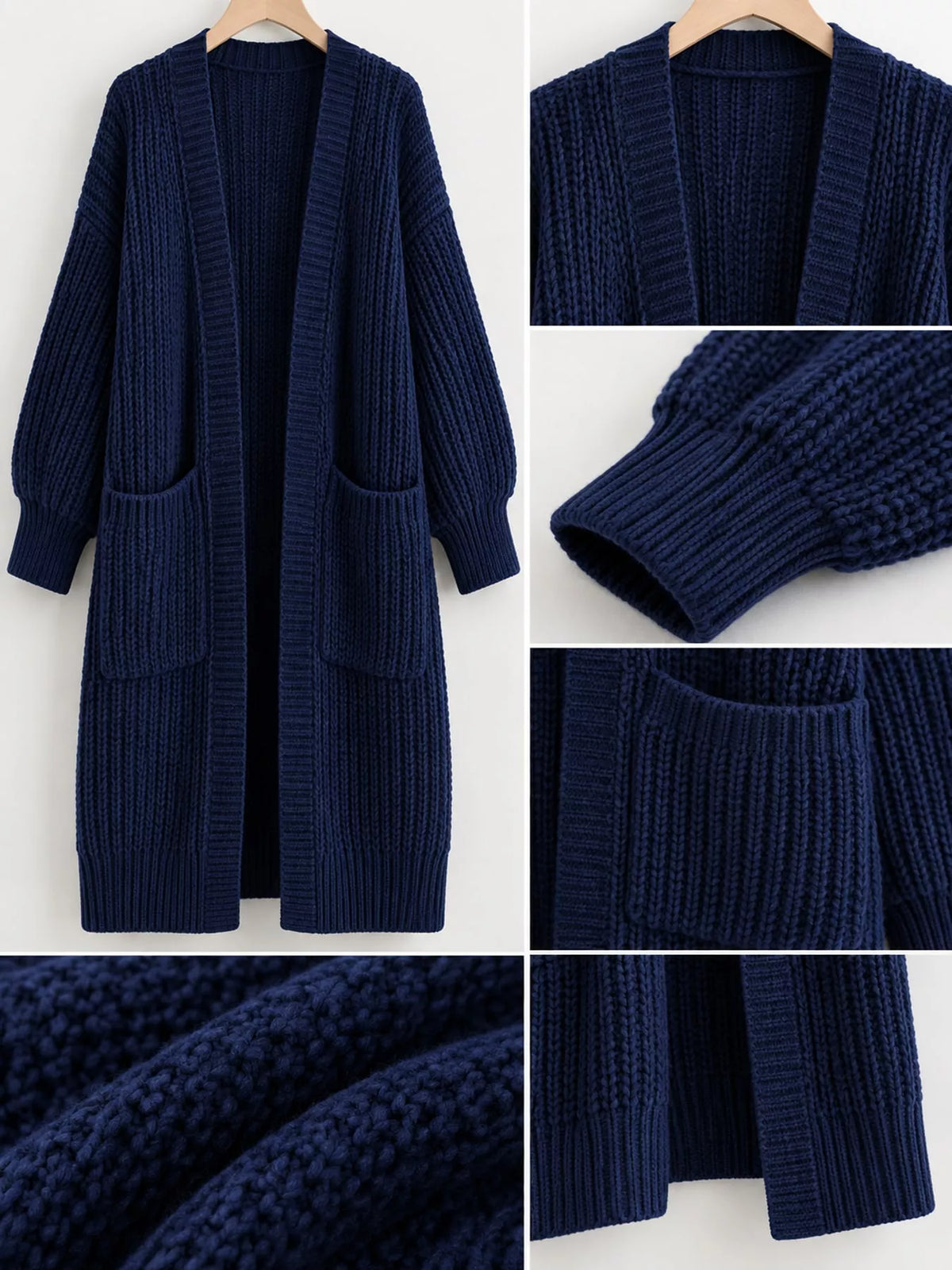Chunky-Knit Openwork Front Longline Cardigan in Navy - women's cardigan