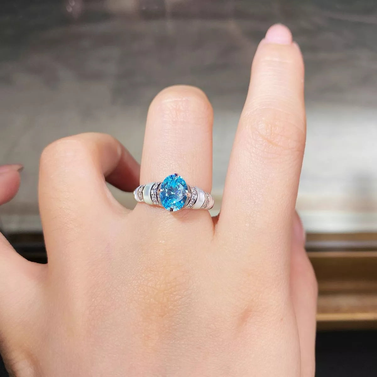 Sterling Silver Zircon Geometric Ring in Sky Blue - women's ring