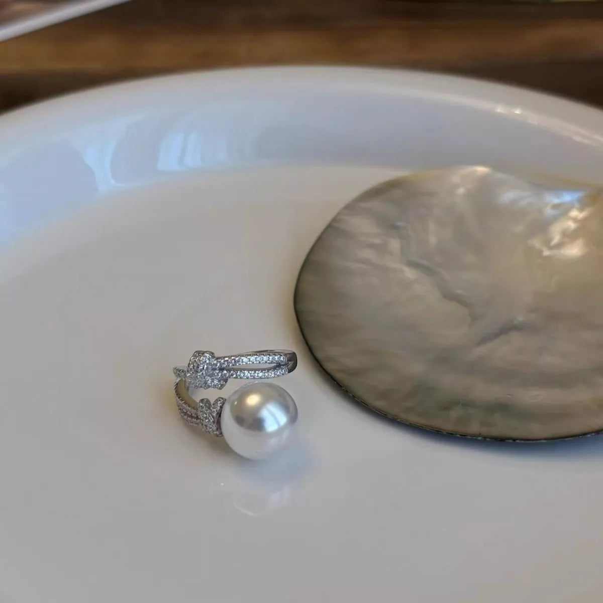 Pearl Zircon Bypass Ring - alternate ring view