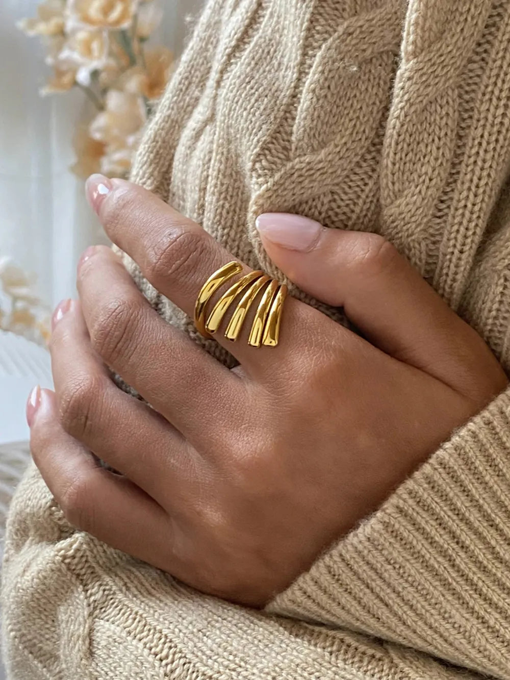18K Gold-Plated Stainless Steel Irregular Lines Open Ring in Gold - women's open ring
