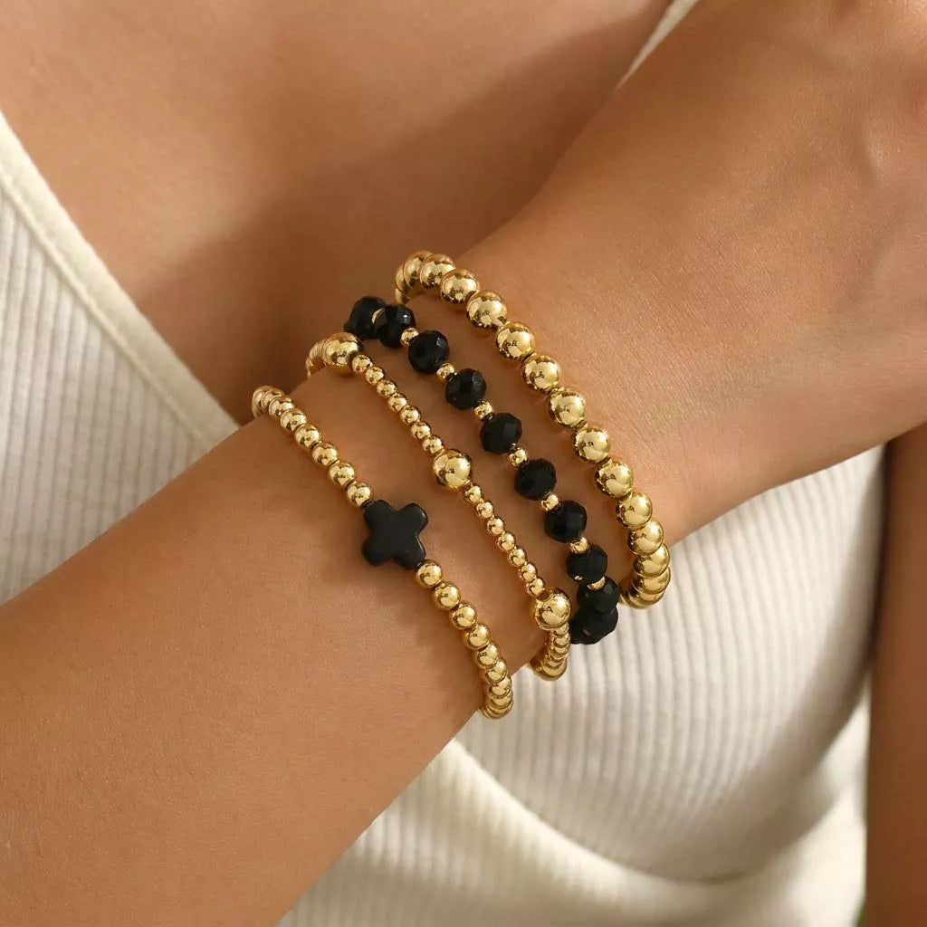 4 Piece Bead Bracelet Set with Cross Charm in Black - women's charm bracelet
