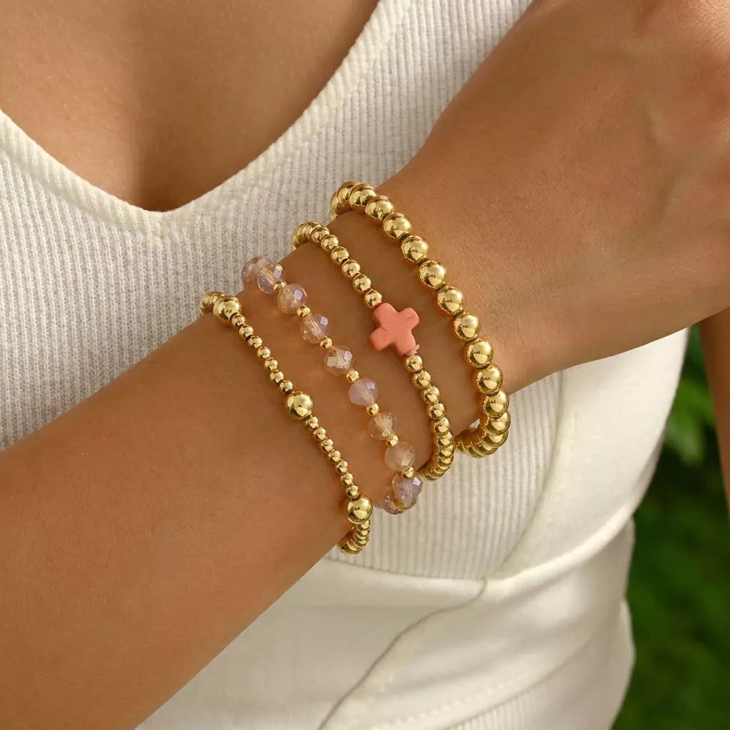 4 Piece Bead Bracelet Set with Cross Charm in Blush Pink - women's charm bracelet