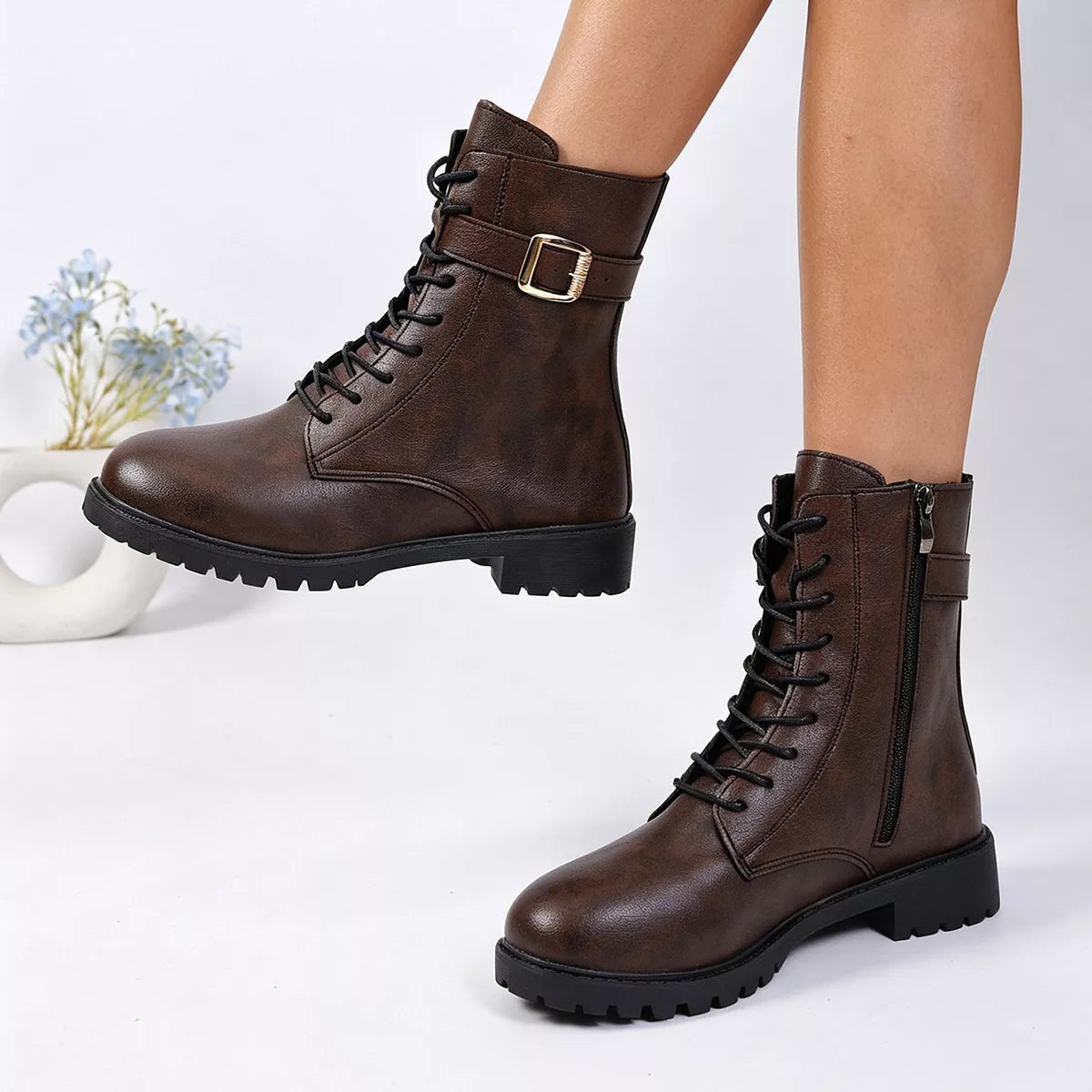 Round-Toe Lace-Up Boots in Coffee Brown - women's boots