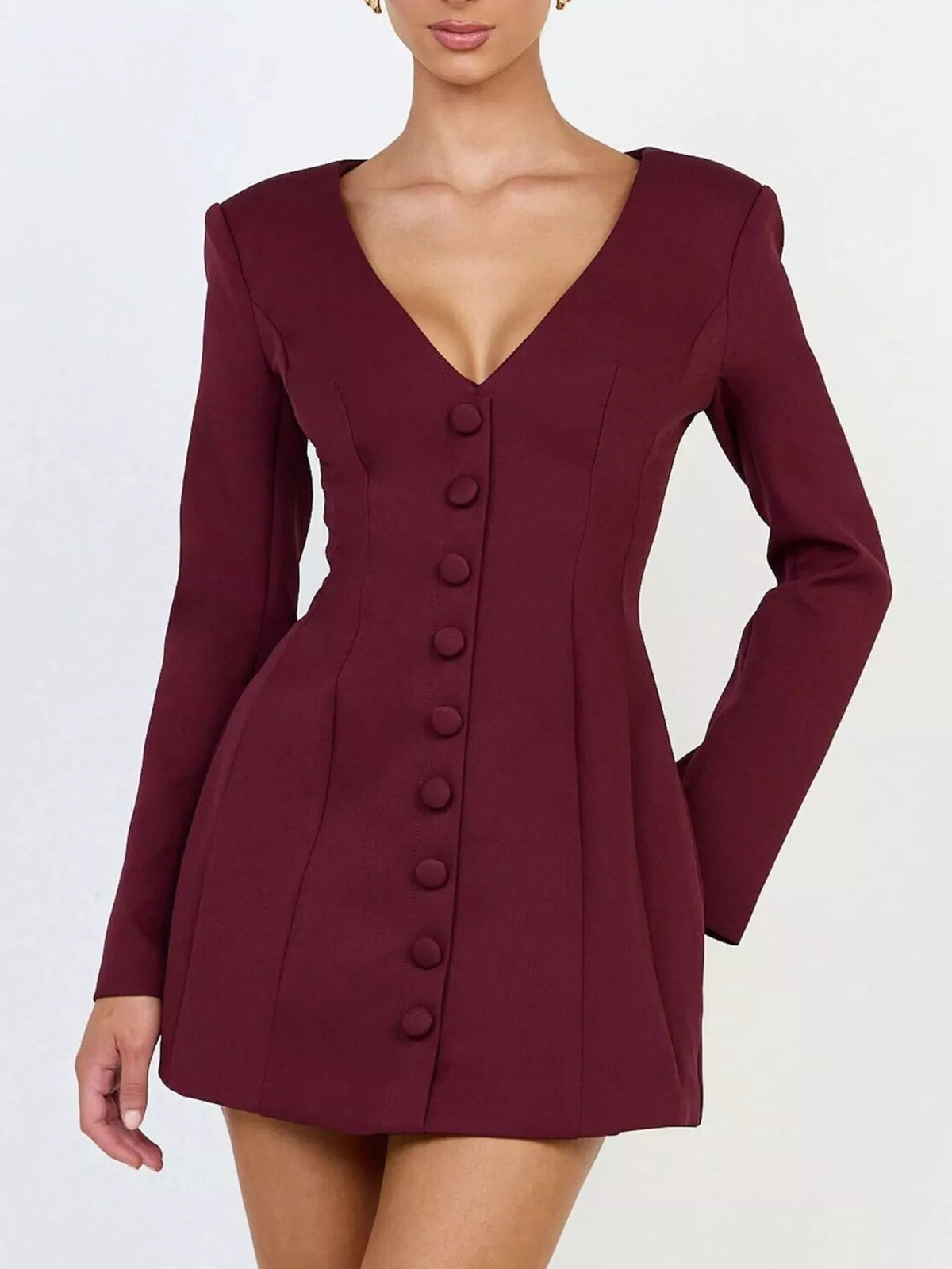 Deep V-Neck Button-Down Blazer Dress in Wine Red - Blossom's