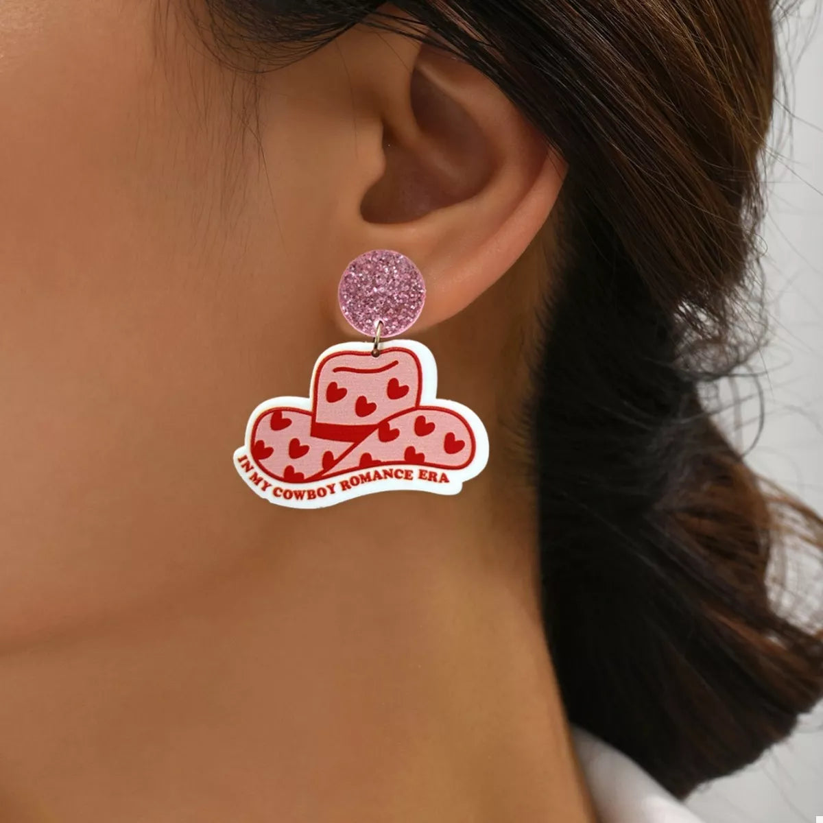 Cowboy Hat Dangle Earrings with Heart Accents in Pink - women's dangle earrings