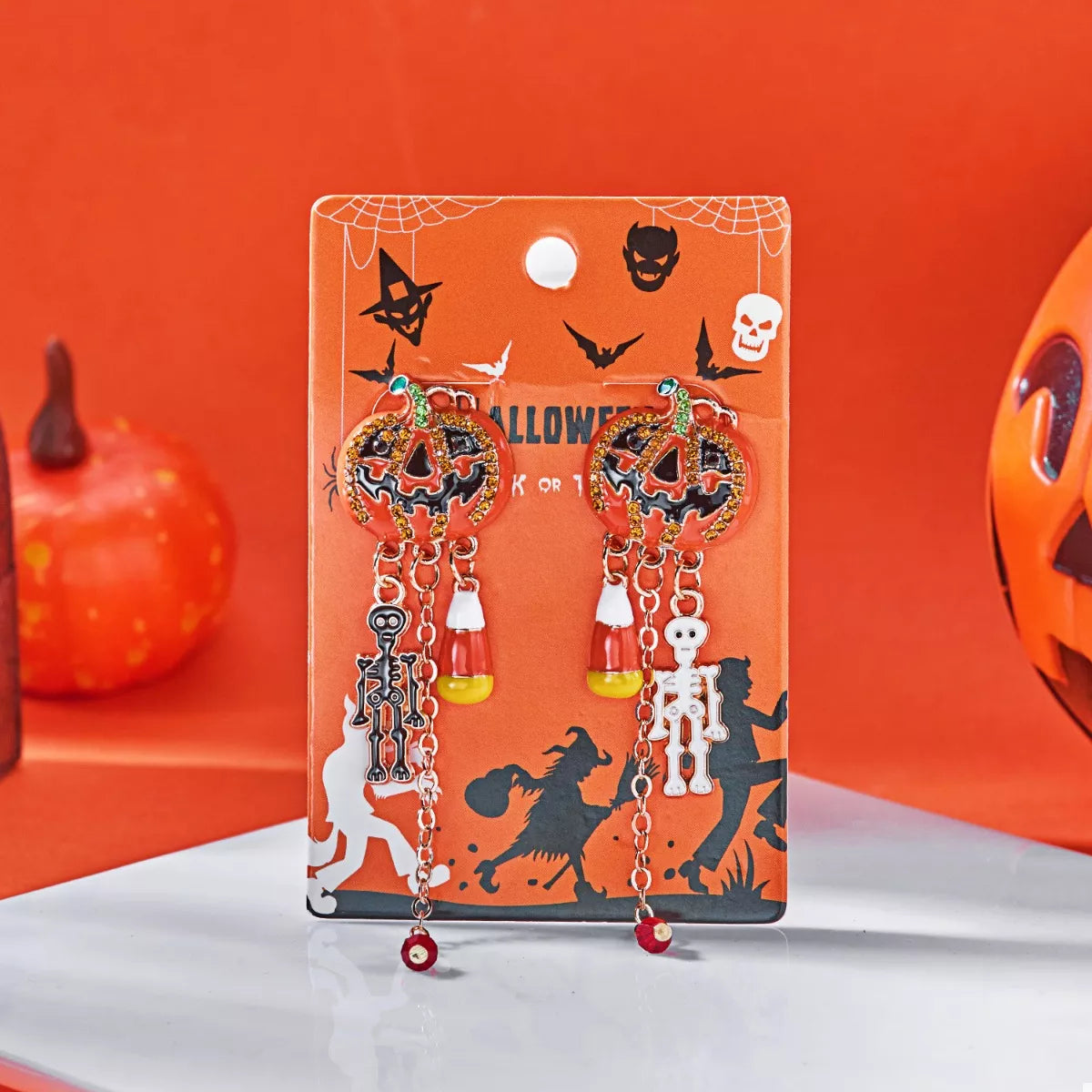 Halloween Pumpkin Drop Chain Earrings - alternate earring view