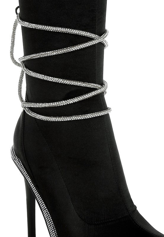 Rhinestones Strap Satin Boots