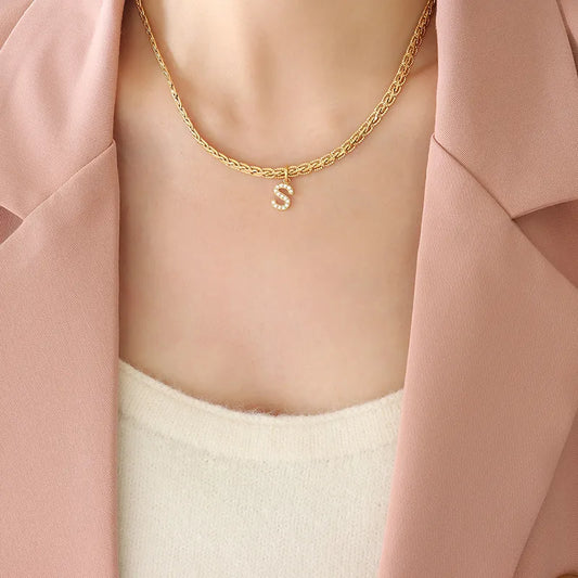 Brass Inlaid Zircon Letter Pendant Necklace in Style S - women's pendant necklace