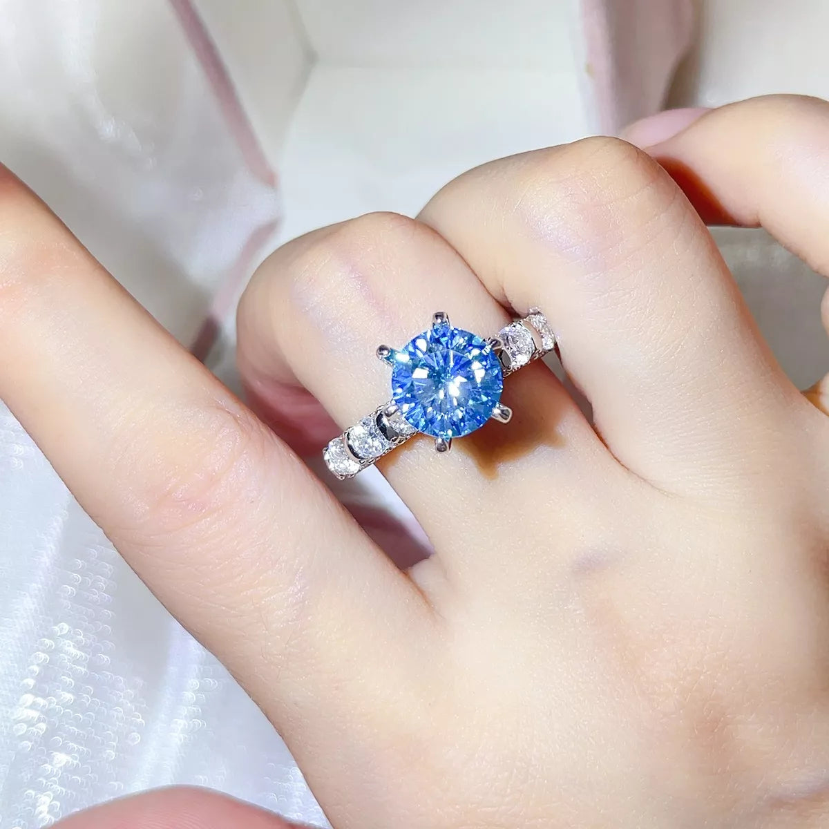 3 Carat Sterling Silver Moissanite Ring in Blue - women's ring