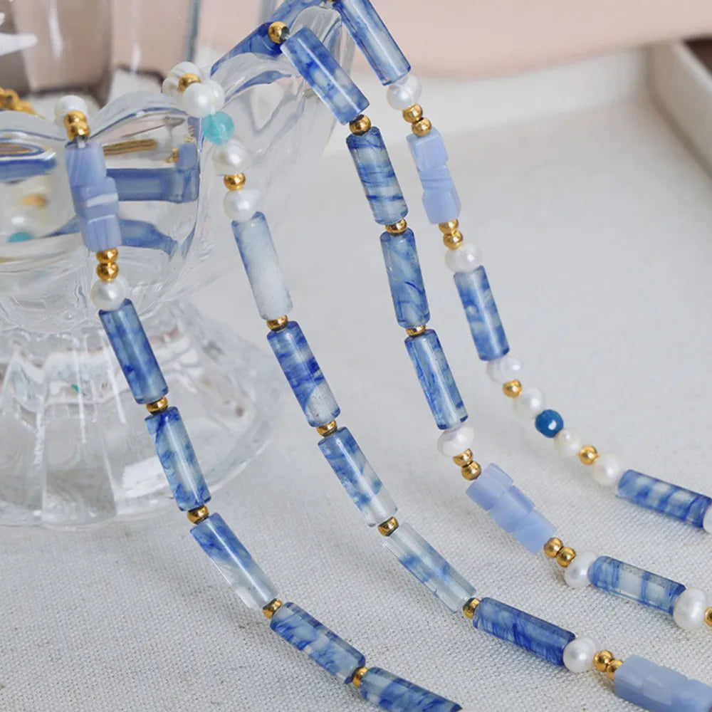 Freshwater Pearl Titanium Steel Geometric Bead Necklace - alternate necklace view