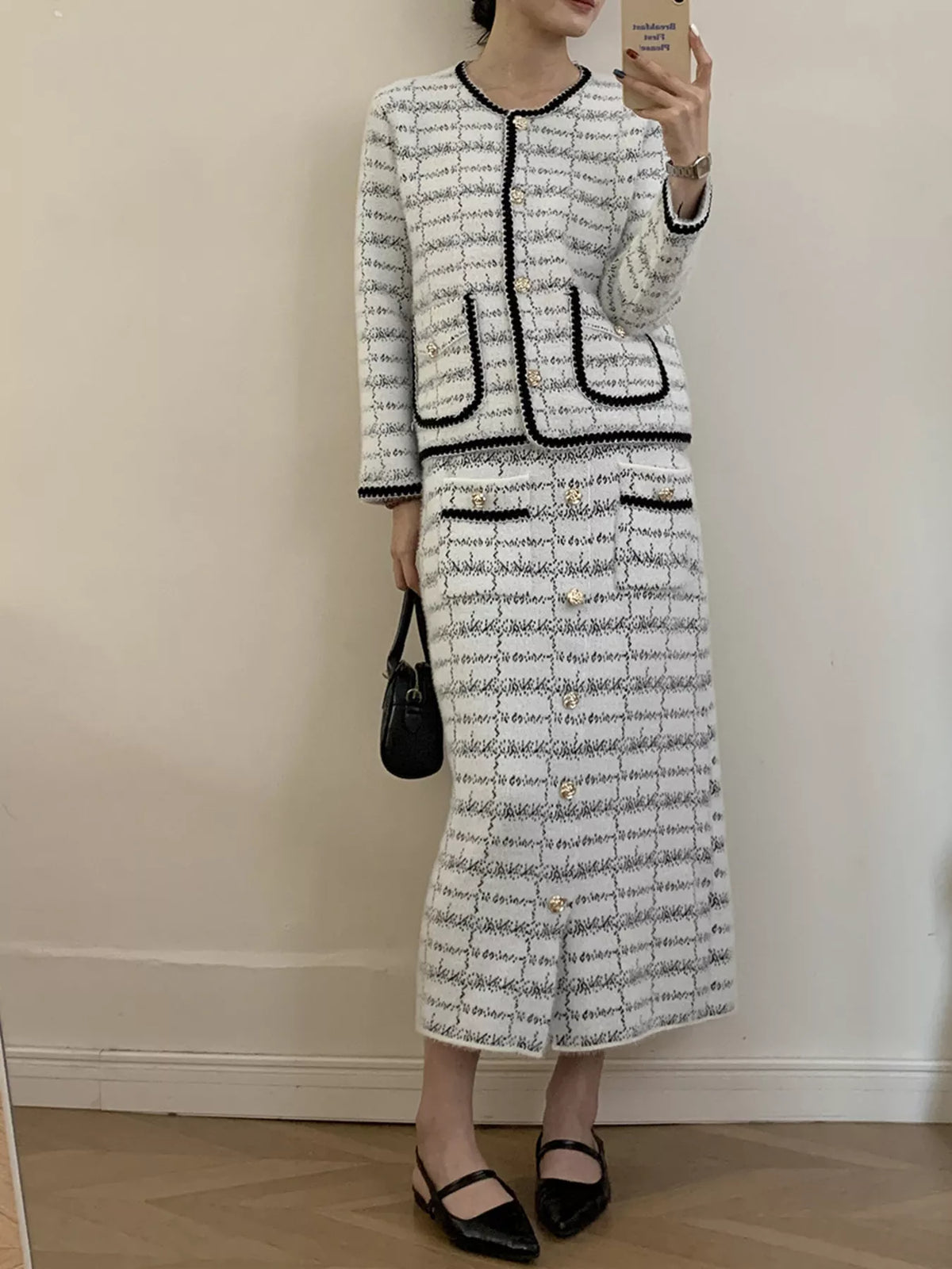 Tweed Contrast Trim Jacket and Skirt Set - alternate view