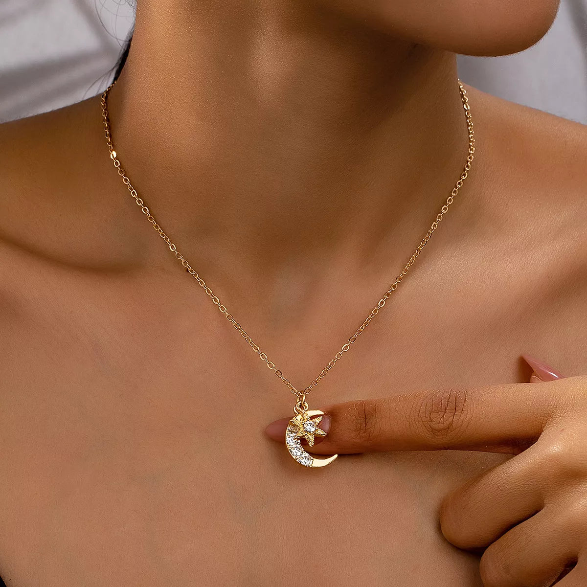 18K Gold-Plated Rhinestone Star & Moon Necklace in Gold - women's necklace