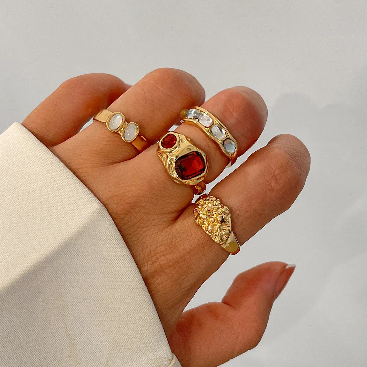 4-Piece Stainless Steel Inlaid Rhinestone Ring in Gold - women's ring