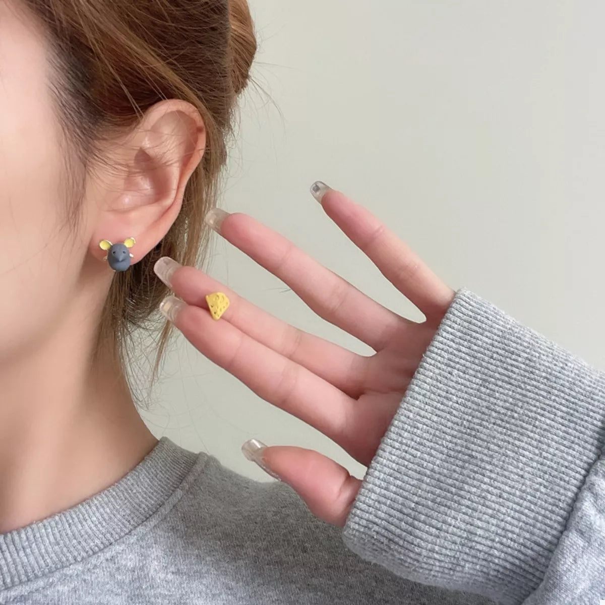 Asymmetrical Mouse & Cheese Stud Earrings in Yellow - women's stud earrings