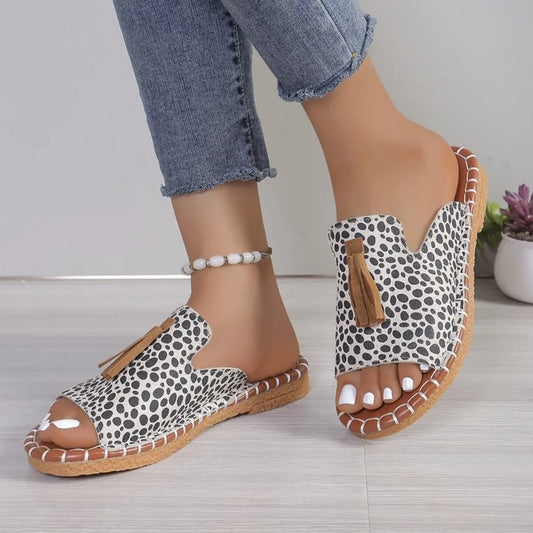 Leopard Print Tassel Flat Sandals in Cow Print - women's flat sandals