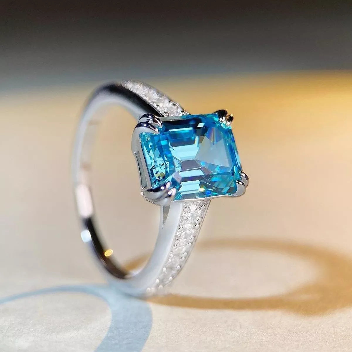Sterling Silver Zircon Geometric Ring in Pastel Blue - women's ring