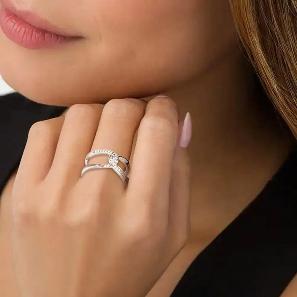 Twisted Inlaid Zircon Double-layered Ring in Silver - women's ring