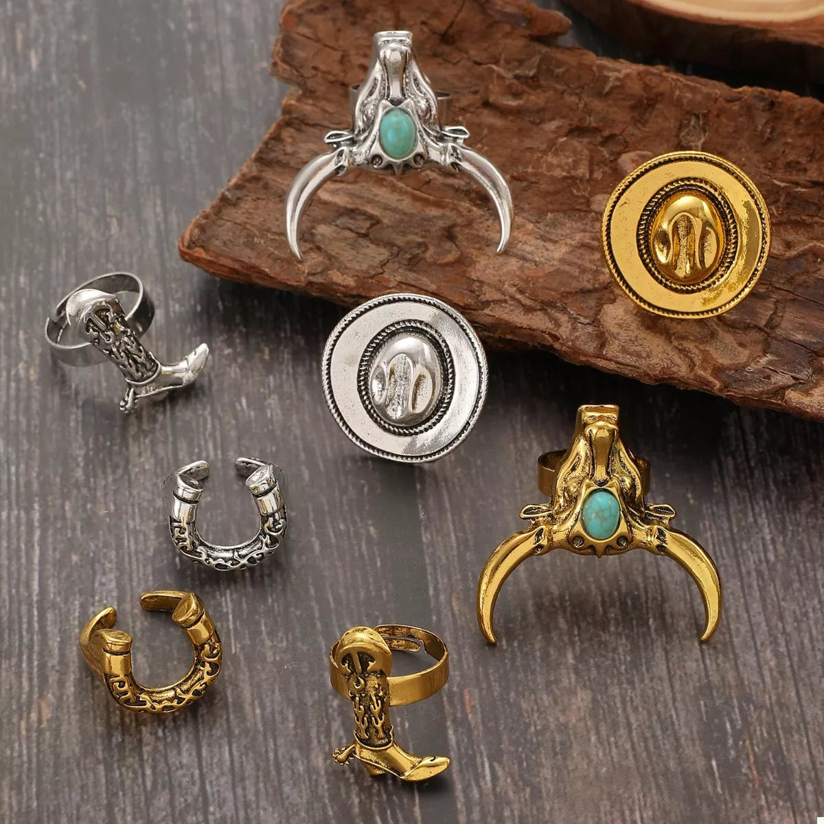 4 Piece Vintage Western Style Bull Head Rings - alternate ring view