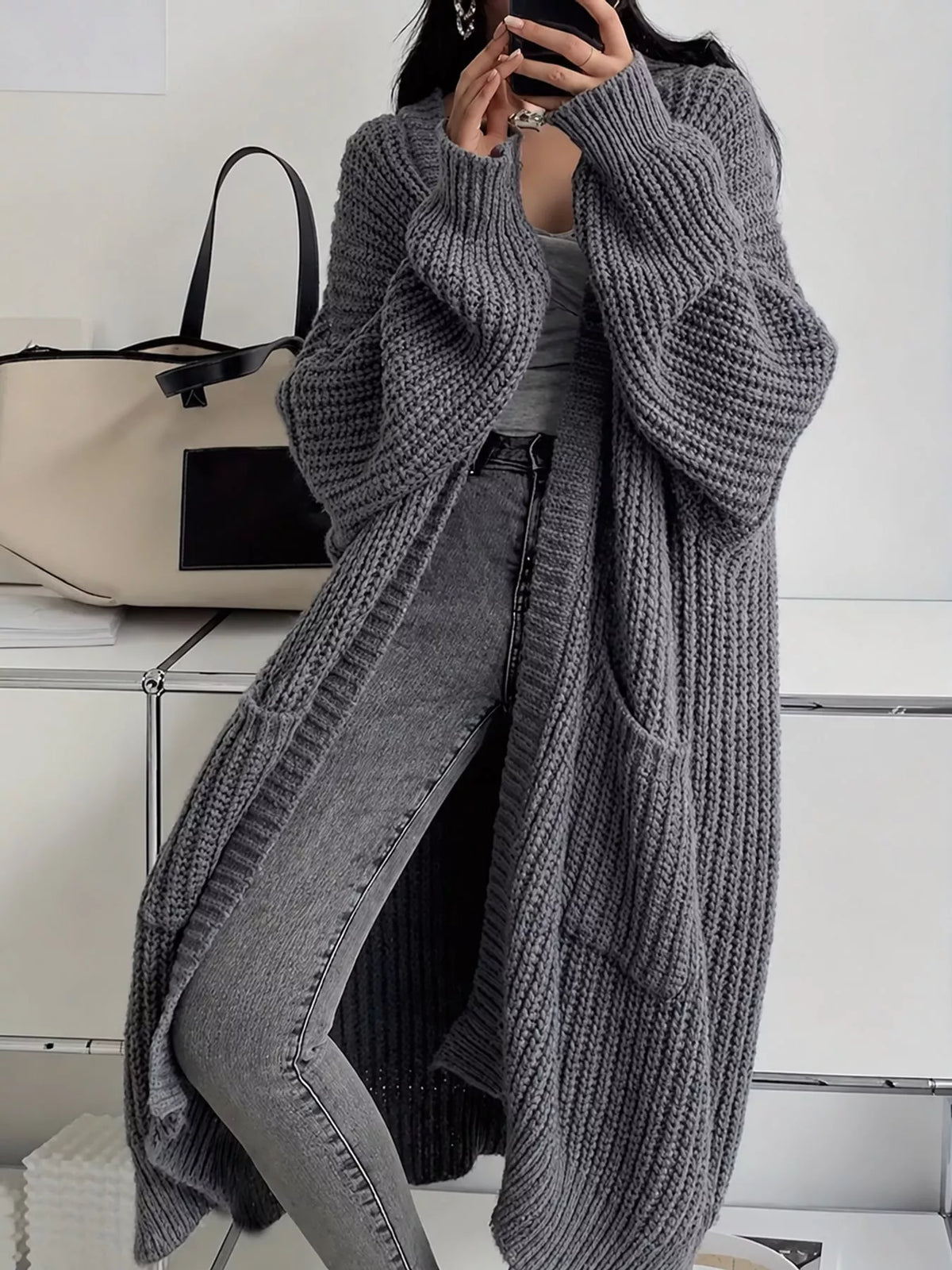 Chunky-Knit Openwork Front Longline Cardigan in Dark Gray - women's cardigan