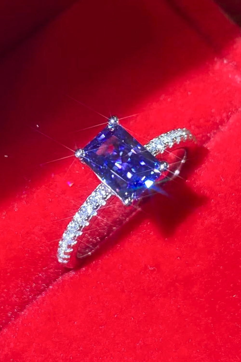 1 Carat Moissanite Sterling Silver Rectangle Ring in Blue in Blue - women's ring