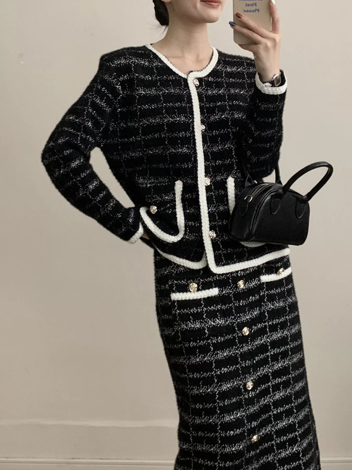 Tweed Contrast Trim Jacket and Skirt Set in Milky White - Blossom's