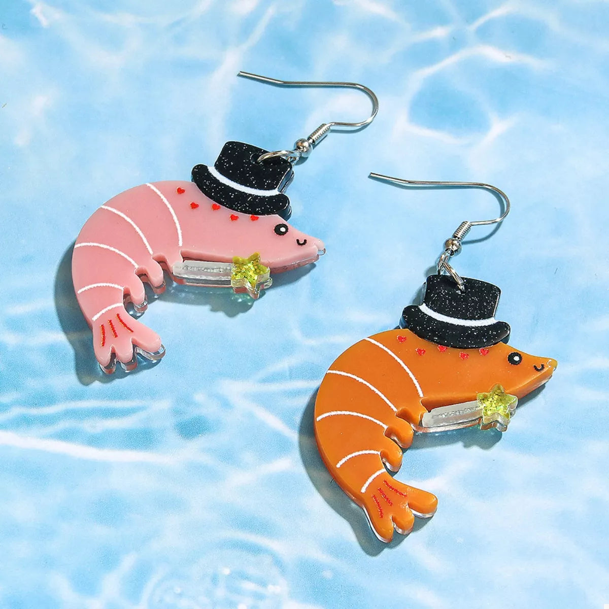 Whimsical Shrimp Earrings with Top Hats - alternate earring view