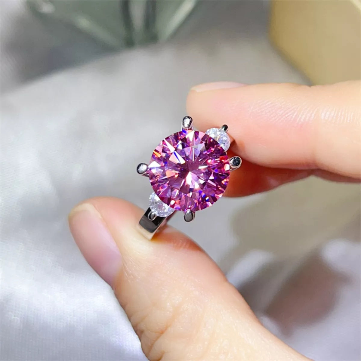 5 Carat Moissanite Sterling Silver Ring in Pink - women's ring