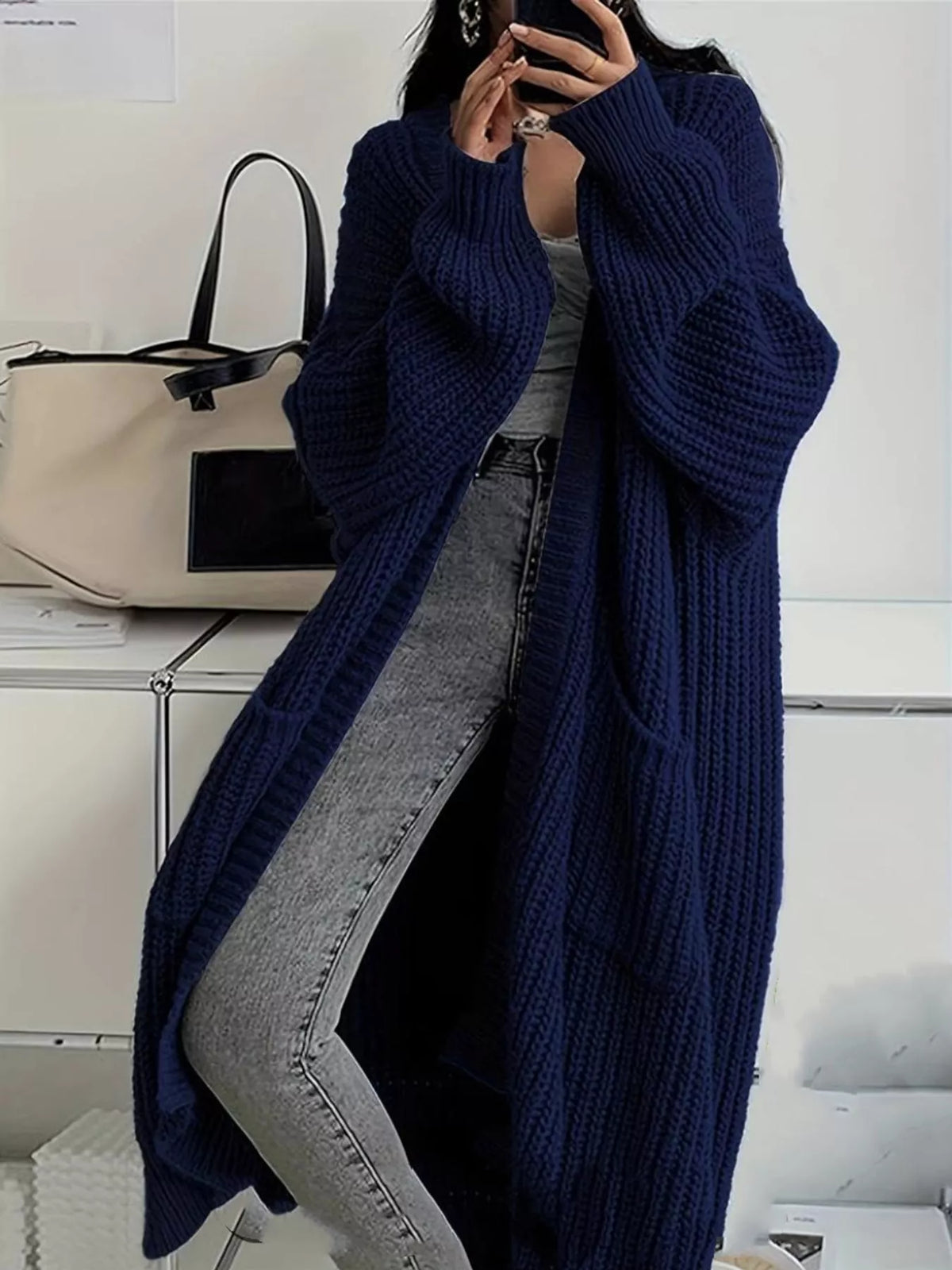 Chunky-Knit Openwork Front Longline Cardigan in Navy - women's cardigan
