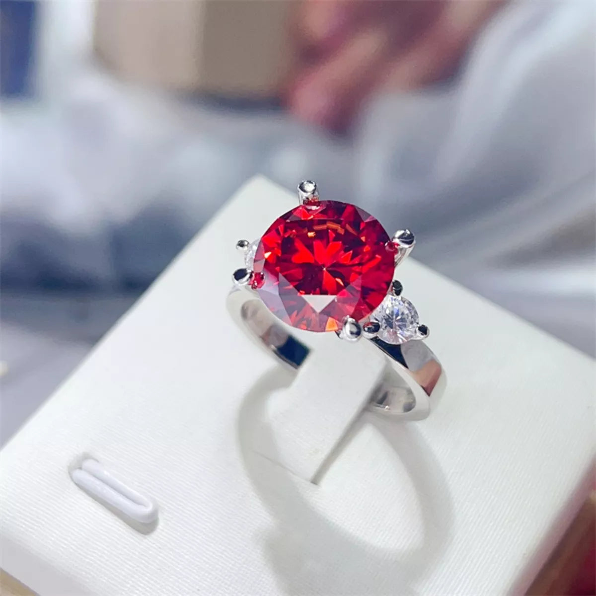 5 Carat Moissanite Sterling Silver Ring in Red - women's ring