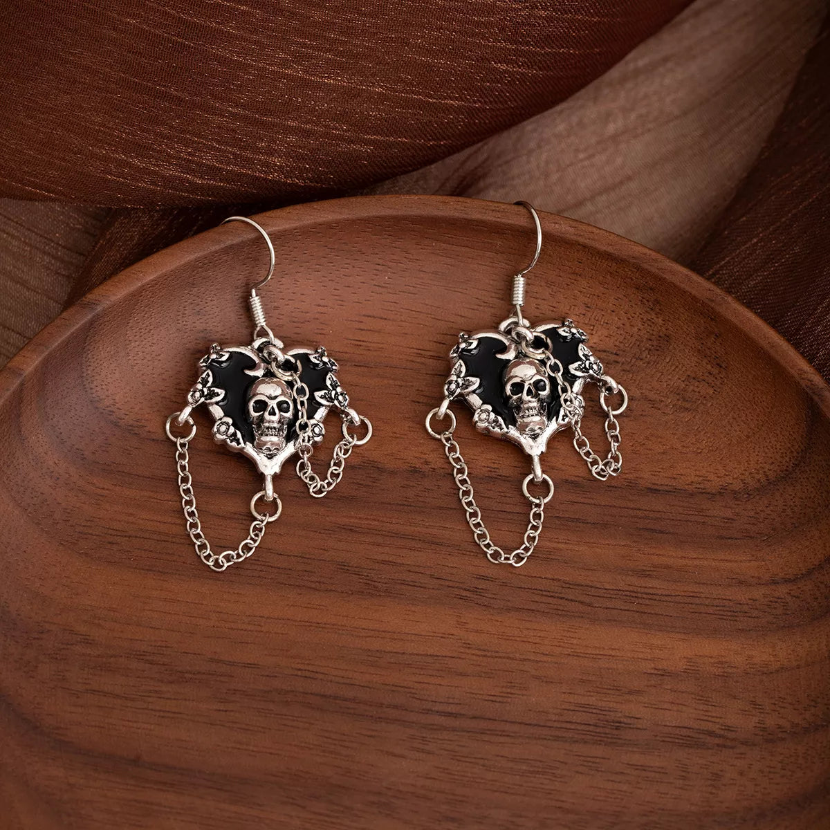 Halloween Alloy Heart Skull Earrings with Chain Detail - alternate earring view
