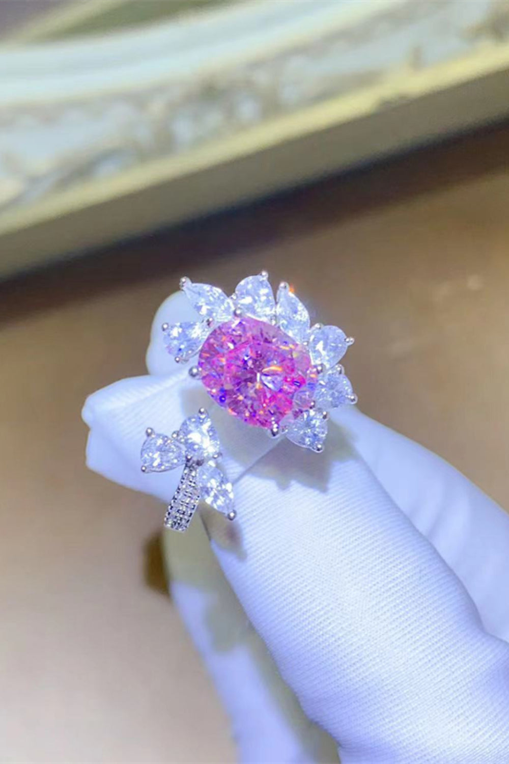 3 Carat Moissanite Sterling Silver Open Ring in Deep Rose - women's open ring
