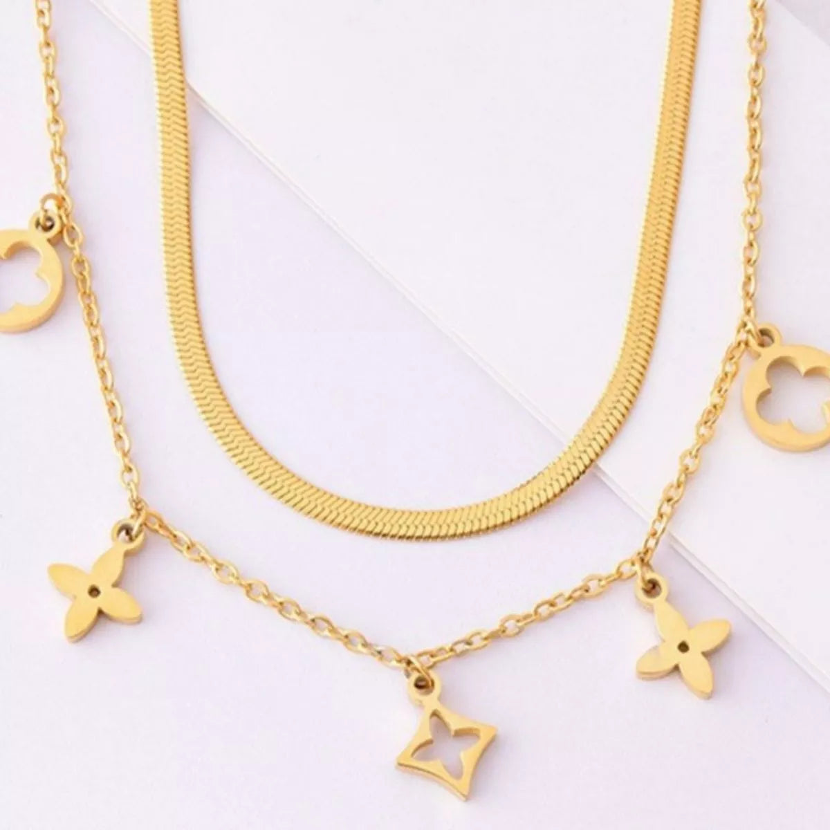 18K Gold-Plated Double Layered Charm Necklace in Gold - women's layered necklace