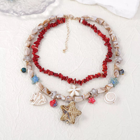 Boho Layered Multi-Strand Beach Shell Charm Necklace - alternate necklace view