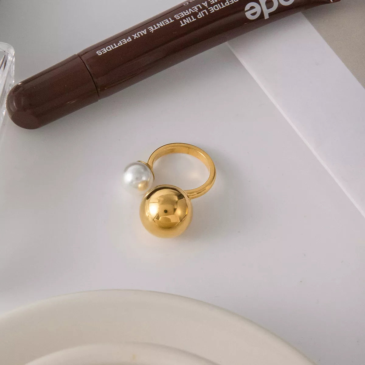 18K Gold-Plated Orb & Pearl Open Ring - alternate ring view