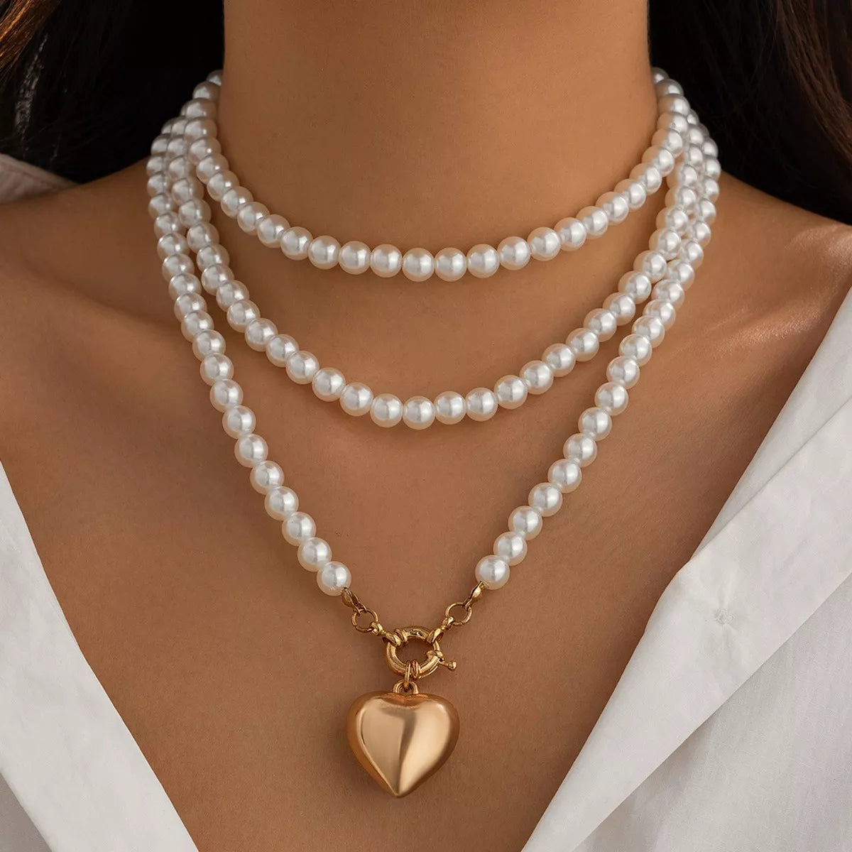 Pearl Chain Heart Necklace in Gold - women's chain necklace