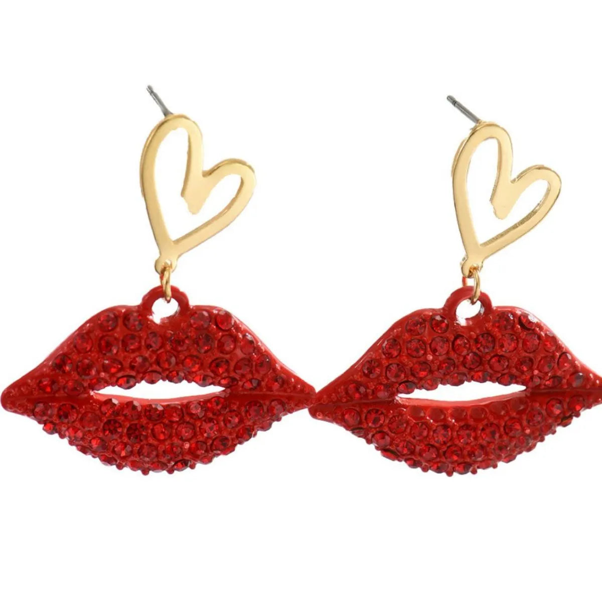 18K Gold-Plated Rhinestone Lips Heart Dangle Earrings - alternate earring view