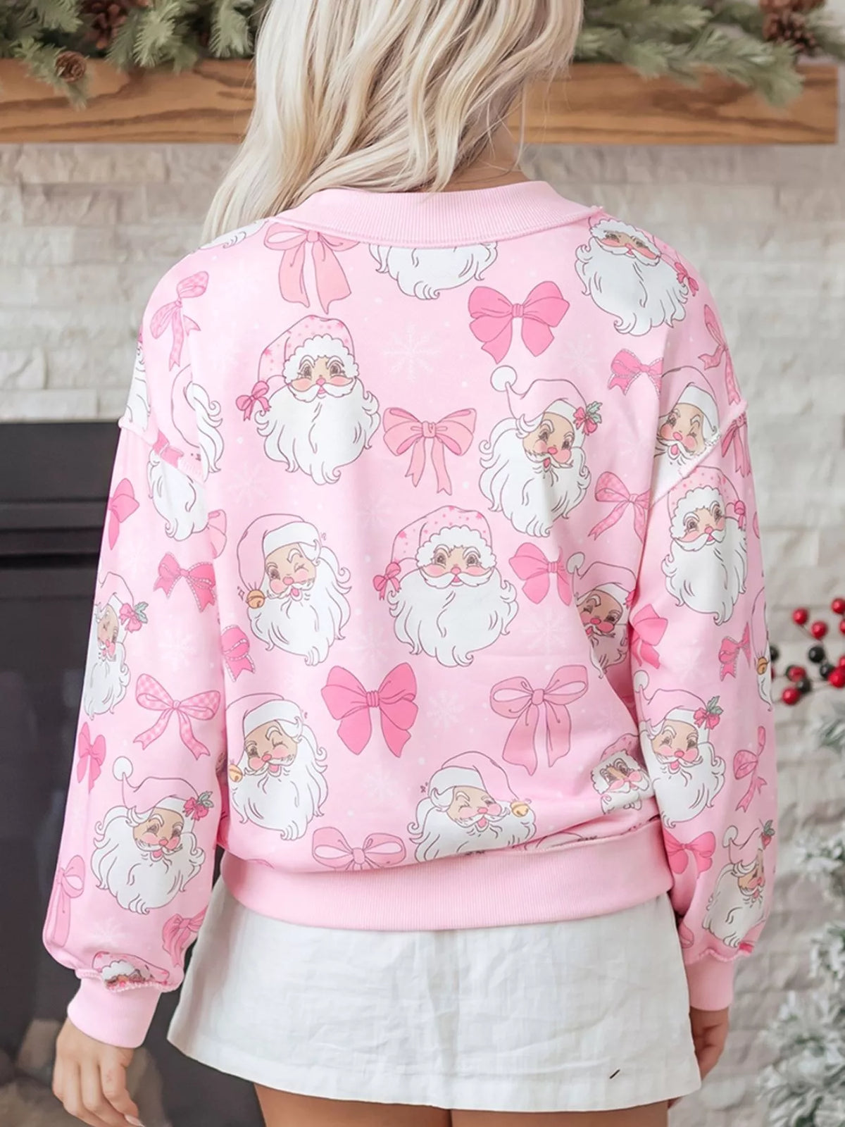 Abstract Santa Print Dropped-Shoulder High-Neck Sweatshirt in Blush Pink - women's sweatshirt